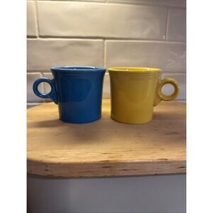 2 Fiesta HLC Blue & Yellow Mugs Coffee Cup‎ Fiestaware Ring Handle Tom & Jerry
